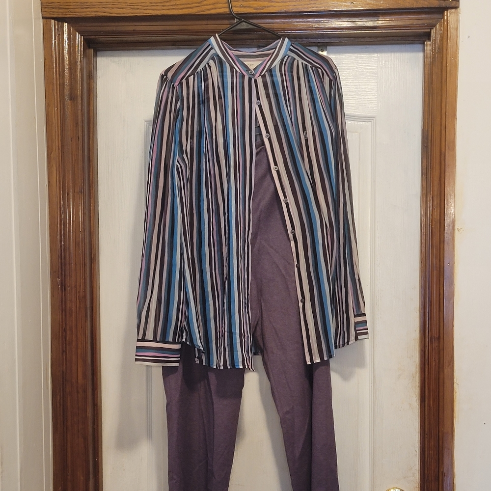 Vertical stripe blouse with matching purple pants